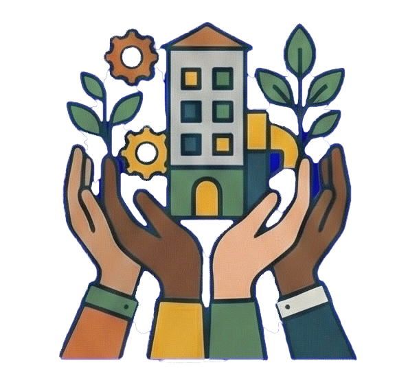 Hands holding up a building with plants, symbolizing community collaboration